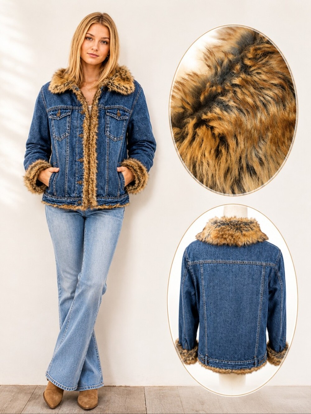 Y2k Denim Jean Jacket Faux Fur Trim Penny Lane Vibes bohemian Cabin Core Sz M